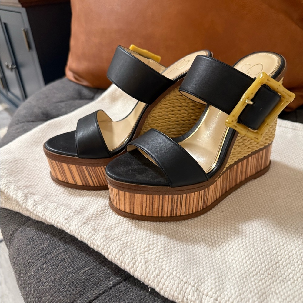 Stylish Black and Yellow Wedge Sandals